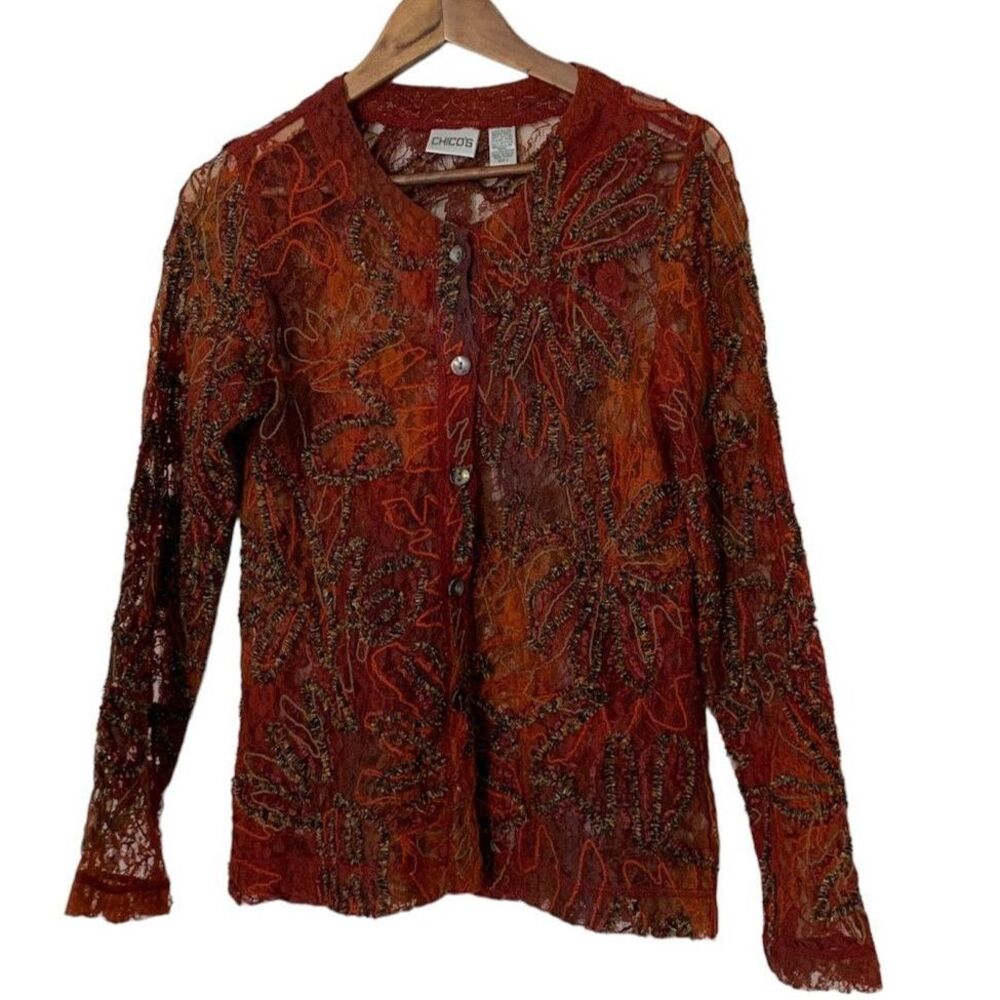 Chico's Sheer Lace Button Up Blouse Womens Sz S Fairy Grunge Goblincore Artsy
